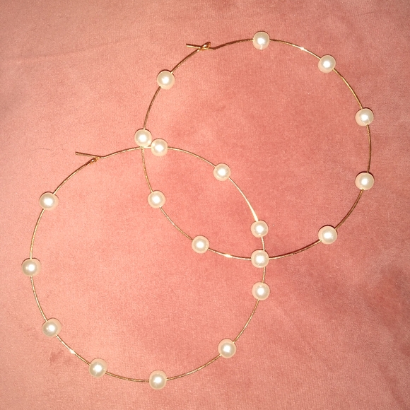 Big Pearl Accent Gold Hoops Thin Oversized Hoop Statement Earrings Bohemian Boho - Picture 5 of 7